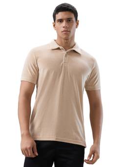 ColorPlus - Men Beige Solid/Plain Pure Cotton Polo T-Shirt