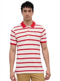 ColorPlus - Men Red Stripes Pure Cotton Polo T-Shirt