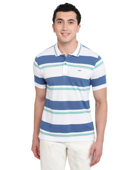 ColorPlus - Men Blue Stripes Pure Cotton Polo T-Shirt