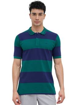 ColorPlus - Men Green Stripes Pure Cotton Polo T-Shirt