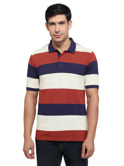 ColorPlus - Men Orange Stripes Pure Cotton Polo T-Shirt