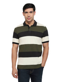 ColorPlus - Men Green Stripes Pure Cotton Polo T-Shirt