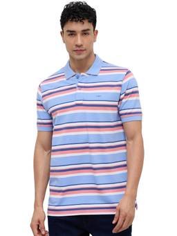 ColorPlus - Men Blue Stripes Pure Cotton Polo T-Shirt