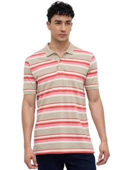 ColorPlus - Men Beige Stripes Pure Cotton Polo T-Shirt