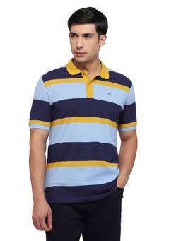 ColorPlus - Men Blue Stripes Pure Cotton Polo T-Shirt
