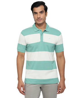 ColorPlus - Men Green Stripes Pure Cotton Polo T-Shirt
