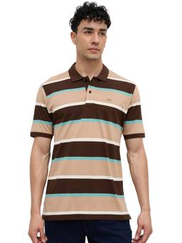 ColorPlus - Men Beige Stripes Pure Cotton Polo T-Shirt