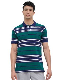 ColorPlus - Men Green Stripes Pure Cotton Polo T-Shirt