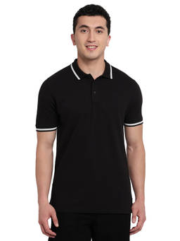 ColorPlus - Men Black Solid/Plain Pure Cotton Polo T-Shirt
