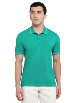 ColorPlus - Men Green Solid/Plain Pure Cotton Polo T-Shirt