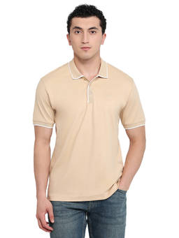 ColorPlus - Men Beige Solid/Plain Pure Cotton Polo T-Shirt