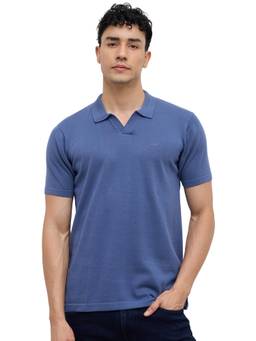 ColorPlus - Men Blue Textured Pure Cotton Polo T-Shirt