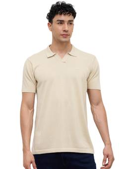 ColorPlus - Men Beige Textured Pure Cotton Polo T-Shirt