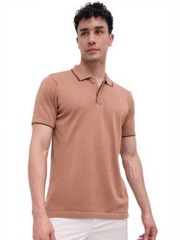 ColorPlus - Men Brown Textured Pure Cotton Polo T-Shirt