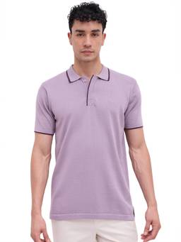 ColorPlus - Men Lavender Textured Pure Cotton Polo T-Shirt