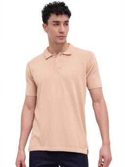 ColorPlus - Men Beige Textured Pure Cotton Polo T-Shirt