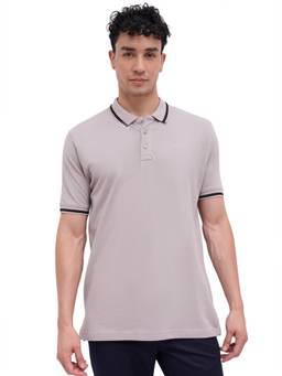 ColorPlus - Men Grey Solid/Plain Pure Cotton Polo T-Shirt