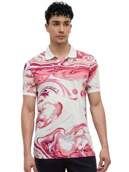 ColorPlus - Men Beige Printed Pure Cotton Polo T-Shirt