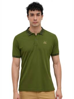 ColorPlus - Men Olive Solid/Plain Pure Cotton Polo T-Shirt