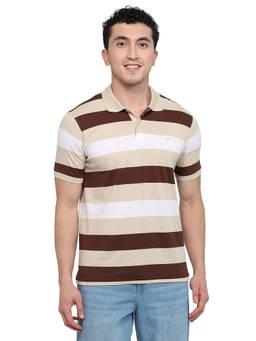 Park Avenue - Men Beige Stripes Pure Cotton Polo T-Shirt