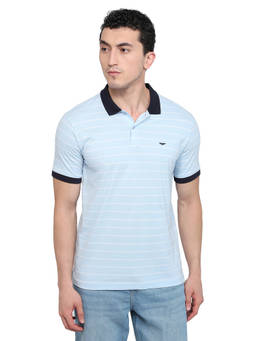 Park Avenue - Men Blue Stripes Pure Cotton Polo T-Shirt