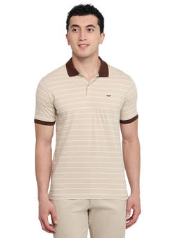 Park Avenue - Men Beige Stripes Pure Cotton Polo T-Shirt