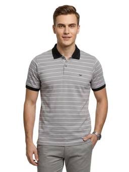 Park Avenue - Men Grey Stripes Pure Cotton Polo T-Shirt