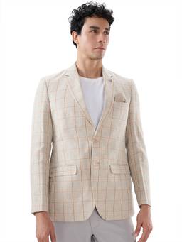 Raymond - Men Brown Checks Cotton Linen Blazer