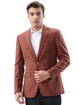 Raymond - Men Orange Checks Polyester Blend Blazer