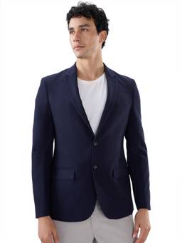 Raymond - Men Navy Blue Solid/Plain Terry Rayon Blend Blazer