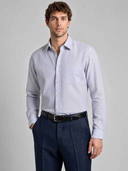 Reid & Taylor - Men Blue Stripes Pure Cotton Shirt