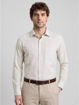 Reid & Taylor - Men Cream Stripes Pure Cotton Shirt
