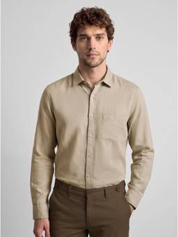 Reid & Taylor - Men Beige Solid/Plain Cotton Linen Shirt