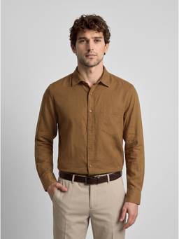 Reid & Taylor - Men Brown Solid/Plain Cotton Linen Shirt