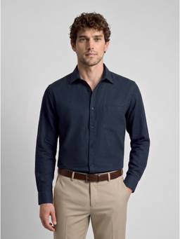 Reid & Taylor - Men Navy Blue Solid/Plain Cotton Linen Shirt