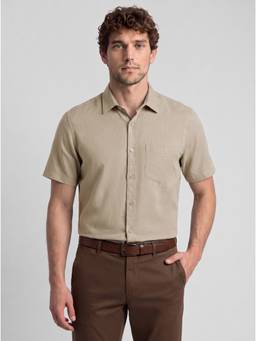 Reid & Taylor - Men Beige Solid/Plain Cotton Linen Shirt