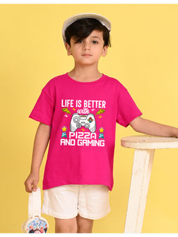 Nusyl - Boys Pink Life Is Better Text Cotton Blend Oversized T-Shirt