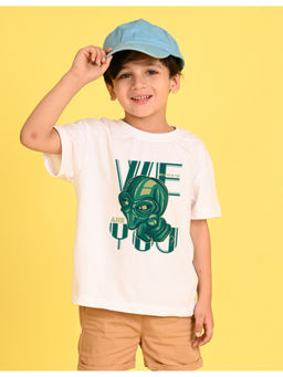 Nusyl - Boys White Alien Graphic Cotton Blend Oversized T-Shirt