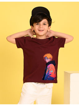 Nusyl - Boys Maroon Naruto Graphic Short Sleeve Cotton Blend Oversized T-Shirt
