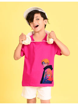 Nusyl - Boys Pink Naruto Graphic Short Sleeve Cotton Blend Oversized T-Shirt