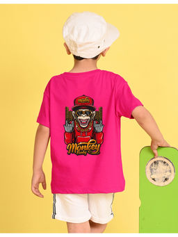 Nusyl - Boys Pink Monkey Funky Graphic Cotton Blend Oversized T-Shirt