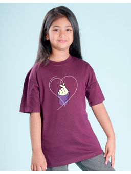 Nusyl - Girls Dark Purple Printed Oversized T-Shirt
