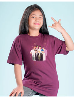 Nusyl - Girls Dark Purple Printed Oversized T-Shirt
