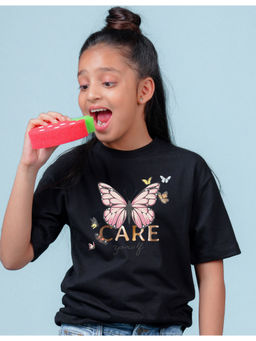 Nusyl - Girls Black Printed Oversized T-Shirt