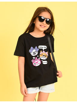 Nusyl - Girls Black Graphic Oversized T-Shirt