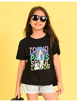Nusyl - Girls Black Printed Oversized T-Shirt