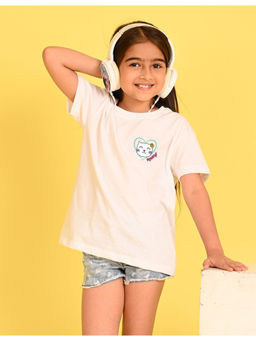 Nusyl - Girls White Solid Cotton Half Sleeve Oversized T-Shirt