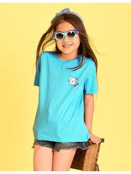 Nusyl - Girls Blue Solid Cotton Half Sleeve Oversized T-Shirt