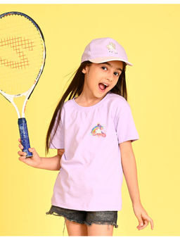 Nusyl - Girls Purple Cotton Blend Half Sleeve Oversized T-Shirt