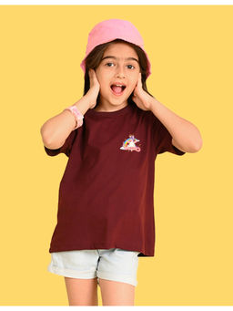 Nusyl - Girls Wine Cotton Blend Half Sleeve Oversized T-Shirt